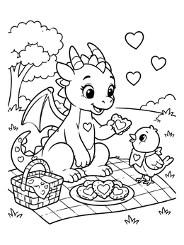 Free printable Valentine Dragon Having Picnic With Bird coloring page