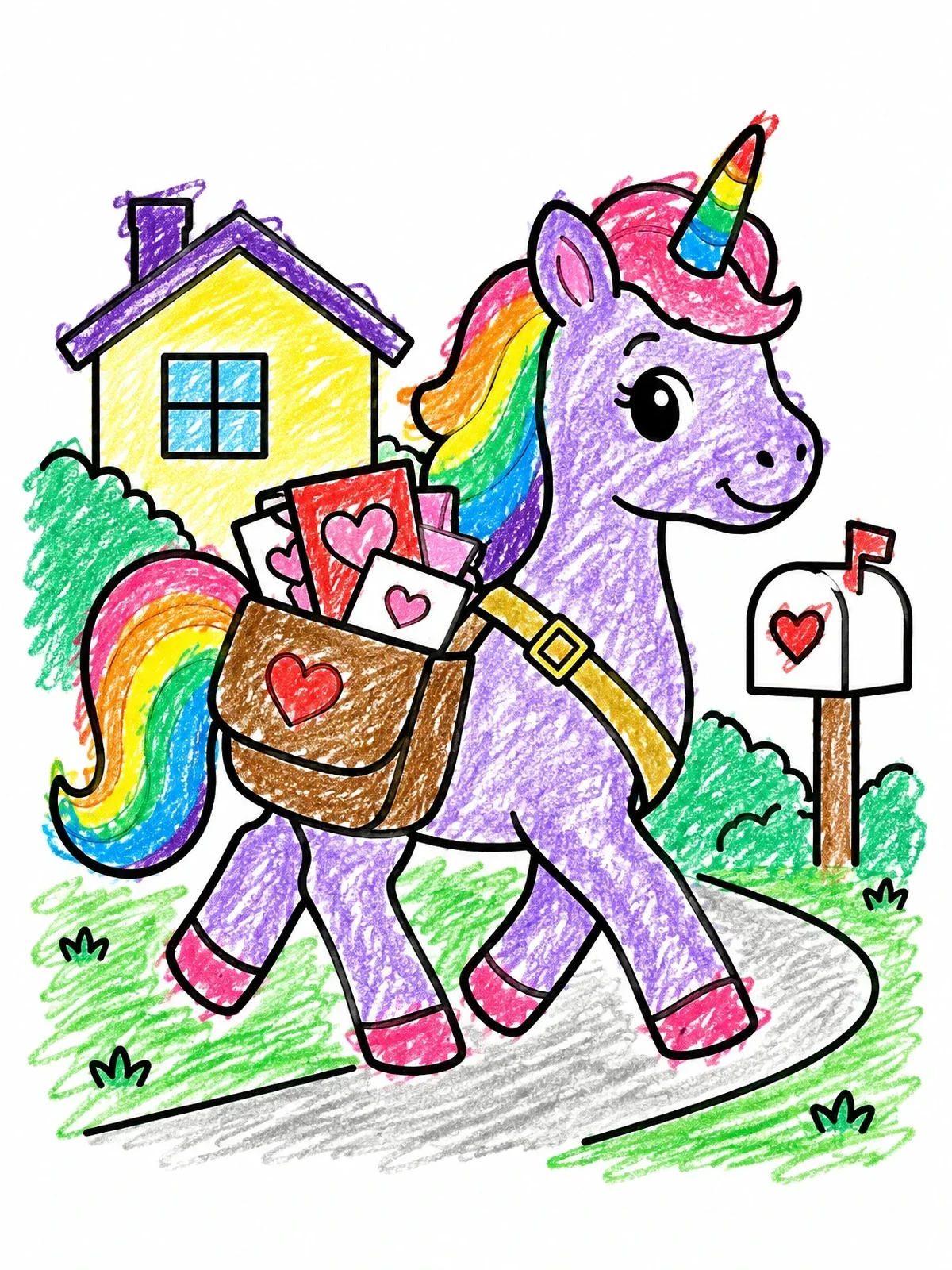 Colored example of the Valentine Mail Carrier Unicorn coloring page