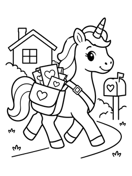 Free printable Valentine Mail Carrier Unicorn coloring page
