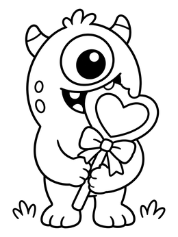 Free printable Cute Cyclops Monster With Heart Lollipop coloring page