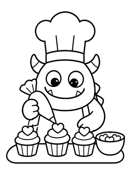 Free printable Cute Baker Monster Decorating Cupcakes coloring page