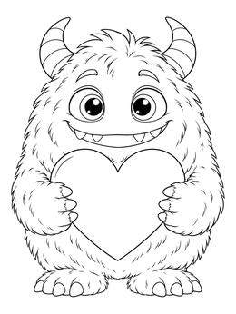 A fluffy valentine monster coloring page showing a friendly horned creature holding a large heart.