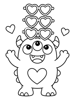 A cute valentine monster coloring page with three eyes balancing heart glasses.