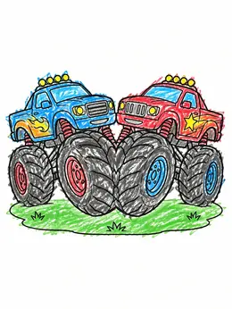 Monster Trucks Making A Heart – Valentine Monster Coloring Page