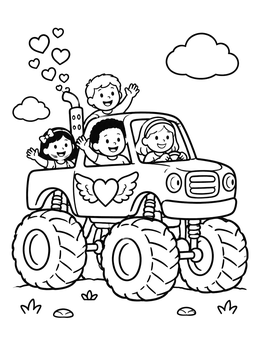 Kids ride a winged truck in this valentine monster coloring page with hearts blowing from the exhaust.