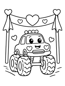 A happy truck in this valentine monster coloring page under a heart banner.