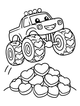 Free printable Valentine Monster Truck Jumping Hearts coloring page