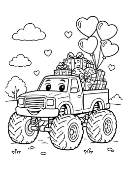 Free printable Valentine Monster Truck With Gifts coloring page