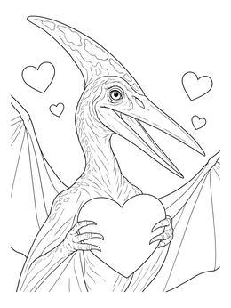 A realistic pterosaur holds a heart shape on this valentine dinosaur coloring page.