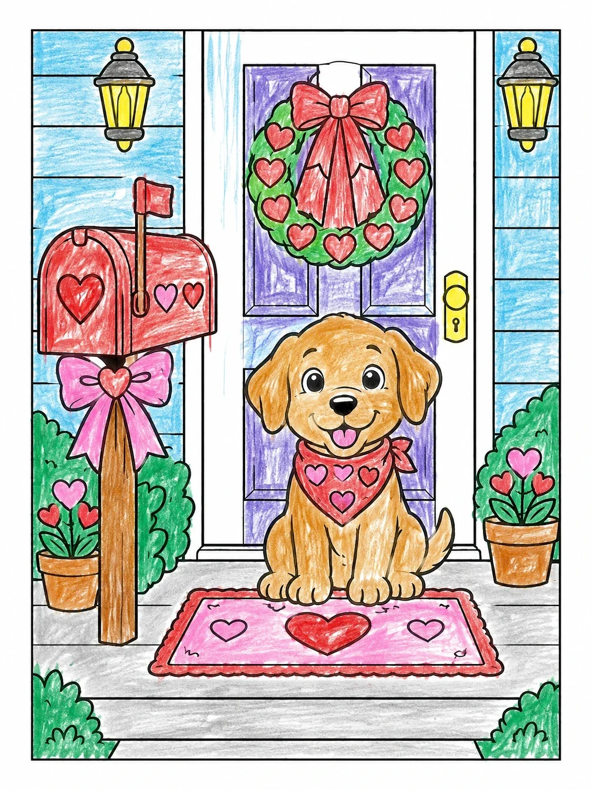 Colored example of the Valentine Puppy On The Porch coloring page