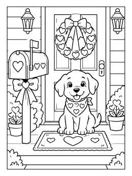 Free printable Valentine Puppy On The Porch coloring page