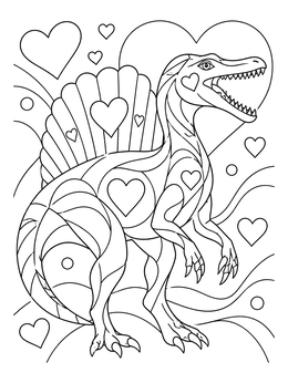 A decorative Spinosaurus surrounded by floating shapes on this valentine dinosaur coloring page.