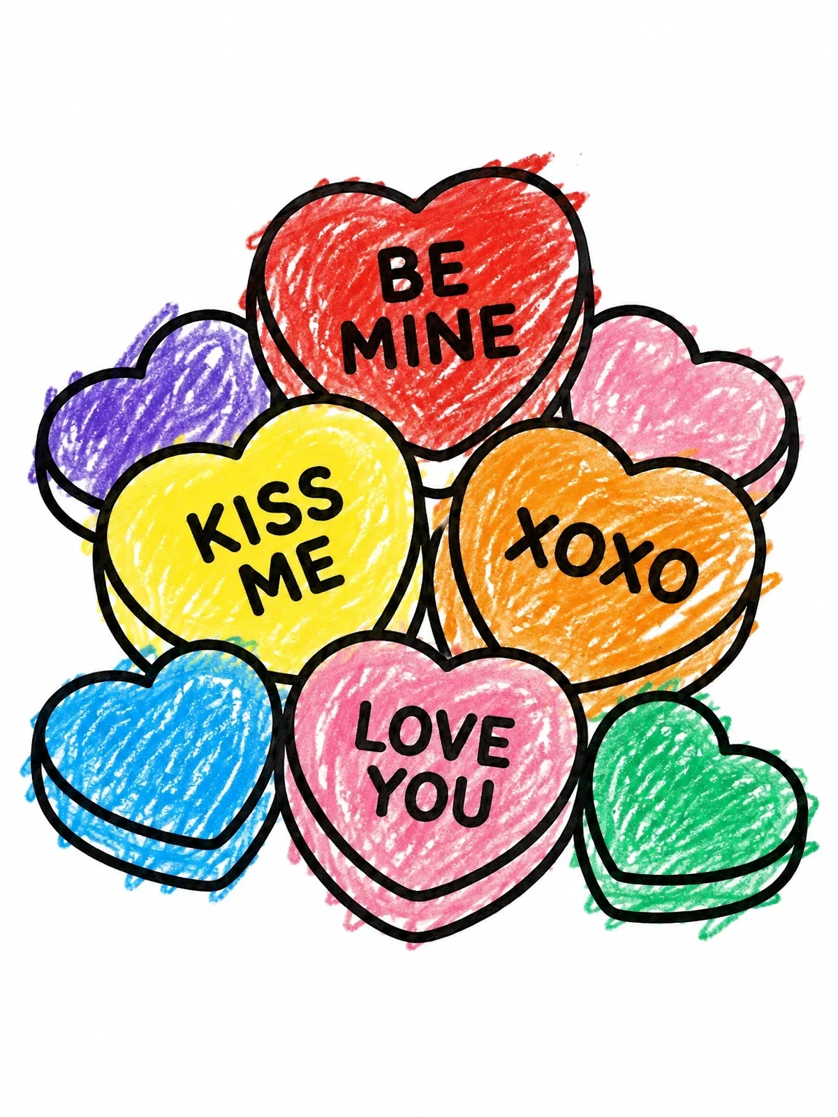 Colored example of the Valentine Sweetheart Candy Pile coloring page