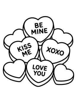 Free printable Valentine Sweetheart Candy Pile coloring page