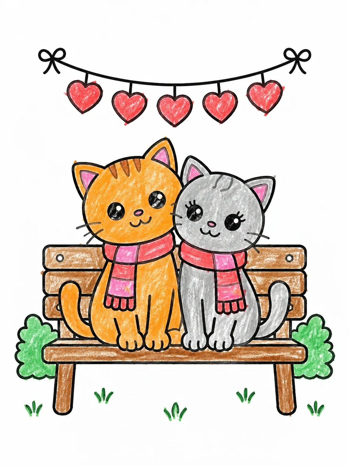 Colored example of the Cat Couple On A Park Bench coloring page