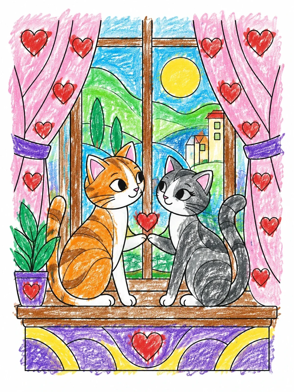 Colored example of the Cats In Love On Window Sill coloring page