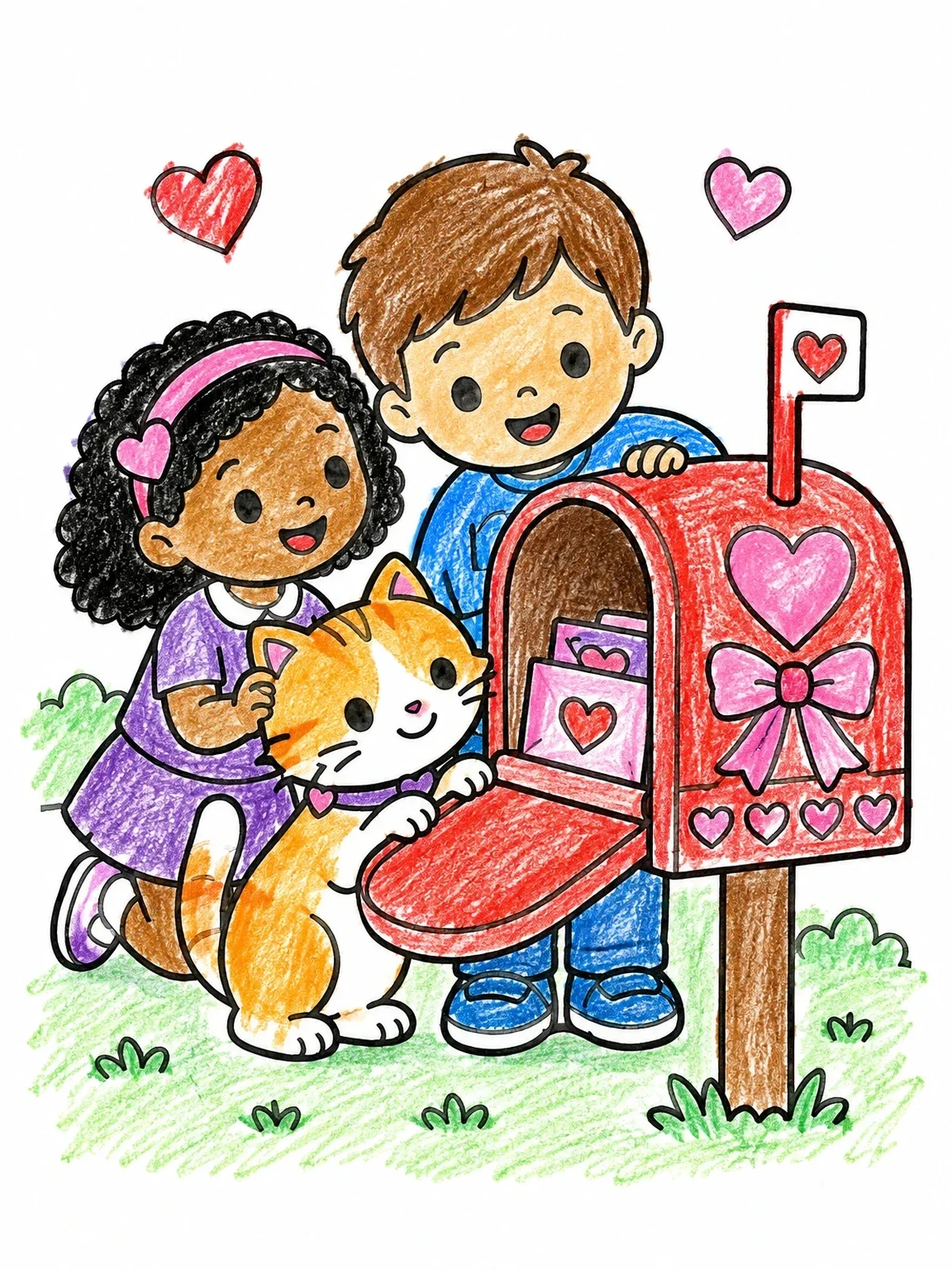 Colored example of the Children And Cat Checking Valentine Mailbox coloring page