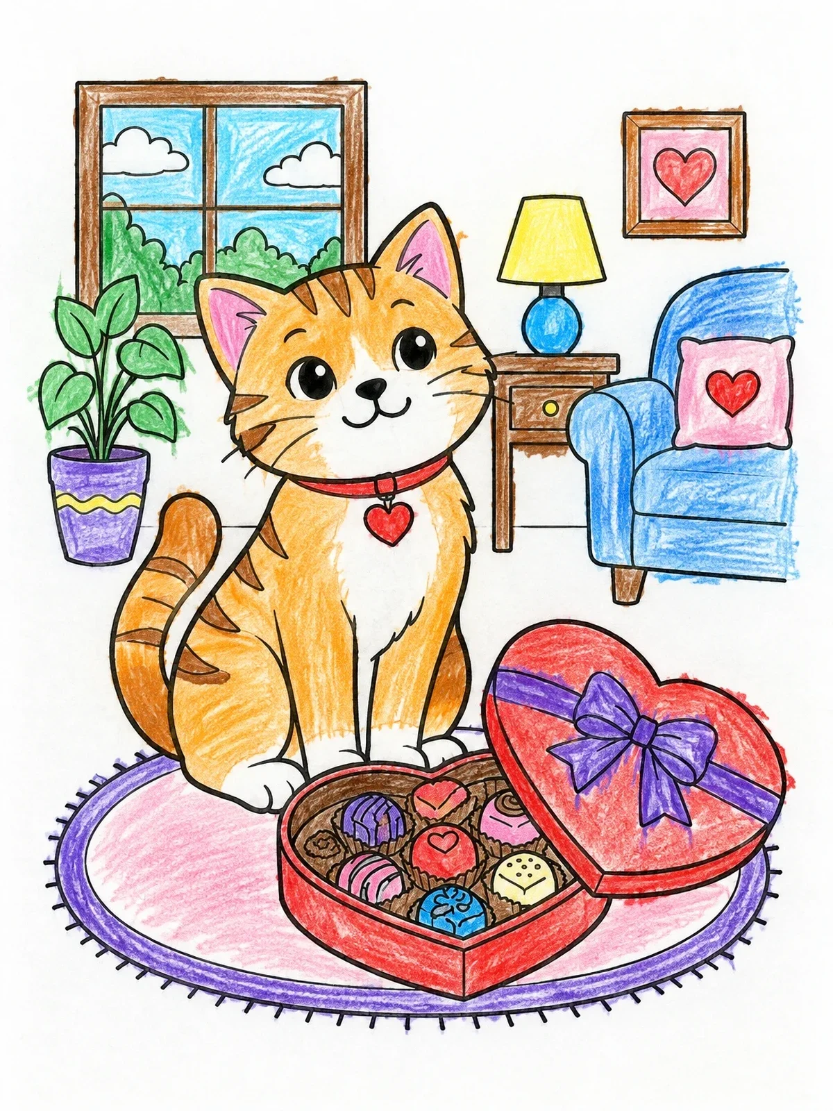 Colored example of the Cute Cat With Valentine Chocolate Box coloring page