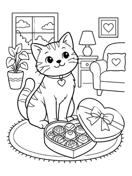 Free printable Cute Cat With Valentine Chocolate Box coloring page