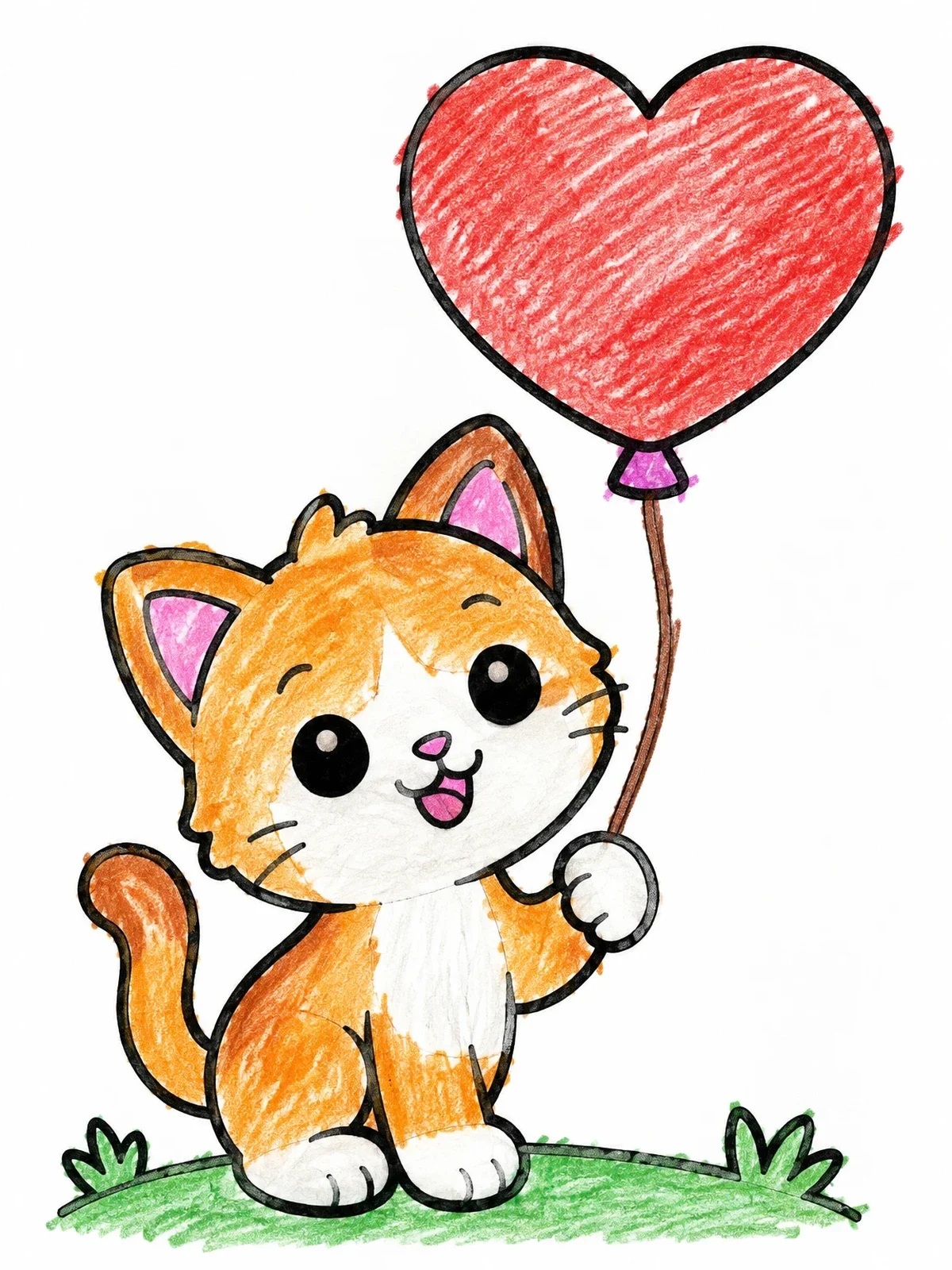 Colored example of the Cute Kitten With Heart Balloon coloring page