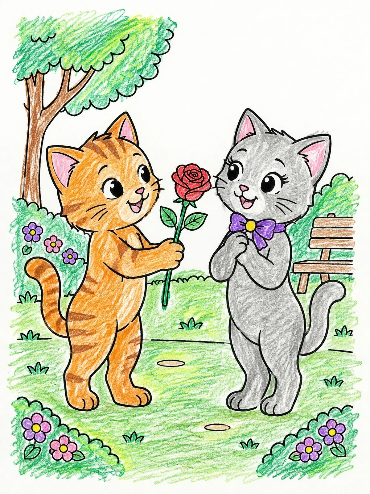 Colored example of the Kitten Giving A Rose In Park coloring page
