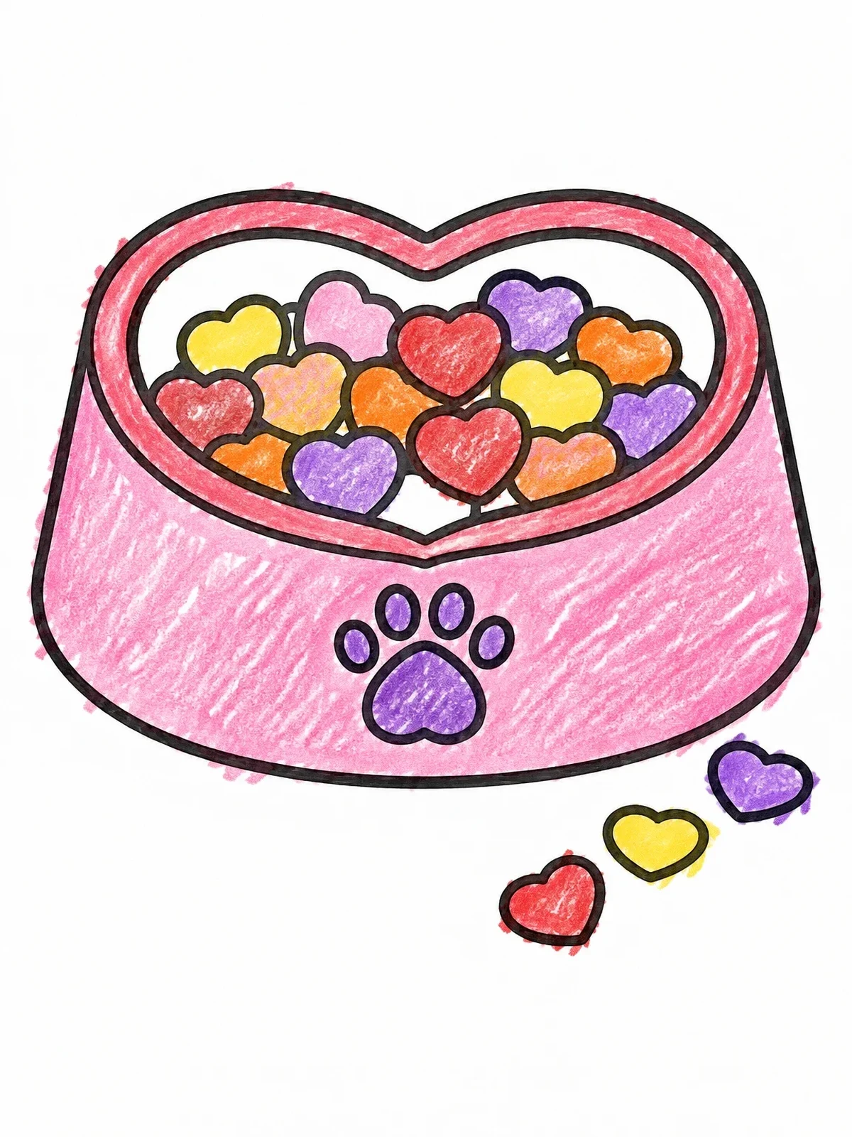 Colored example of the Heart Shaped Cat Food Bowl coloring page