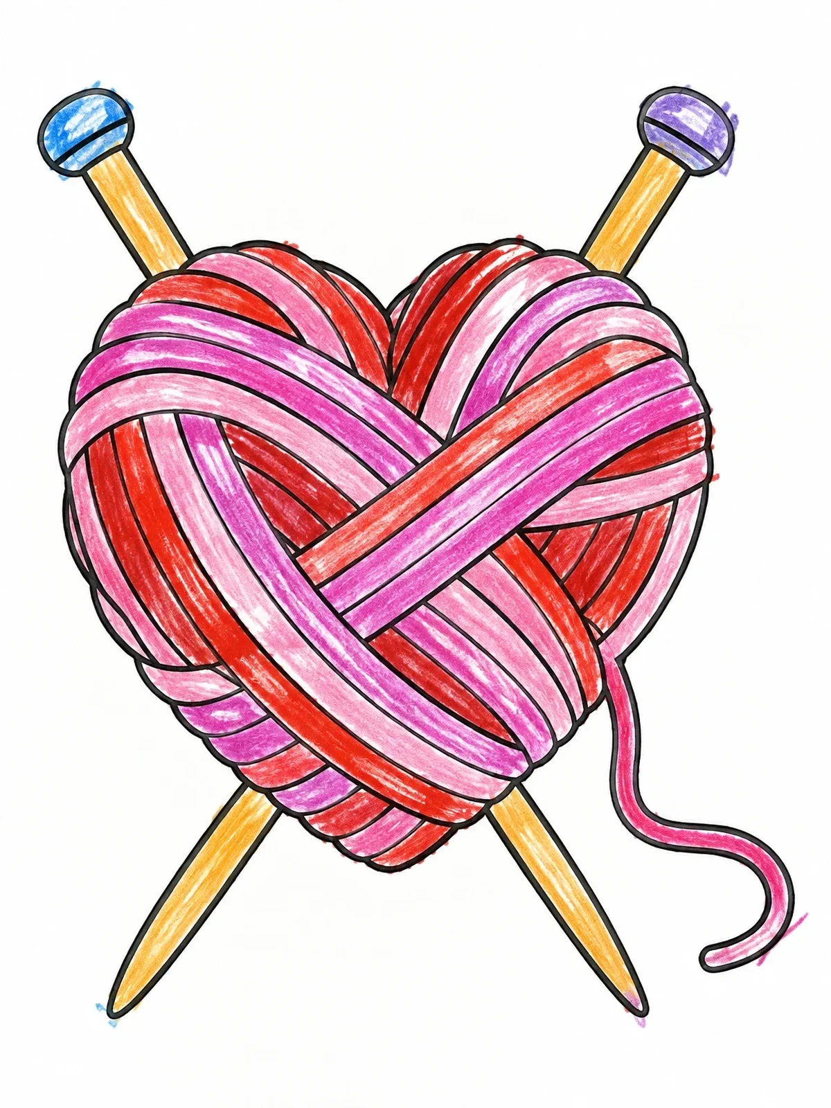 Colored example of the Heart Yarn Ball With Knitting Needles coloring page