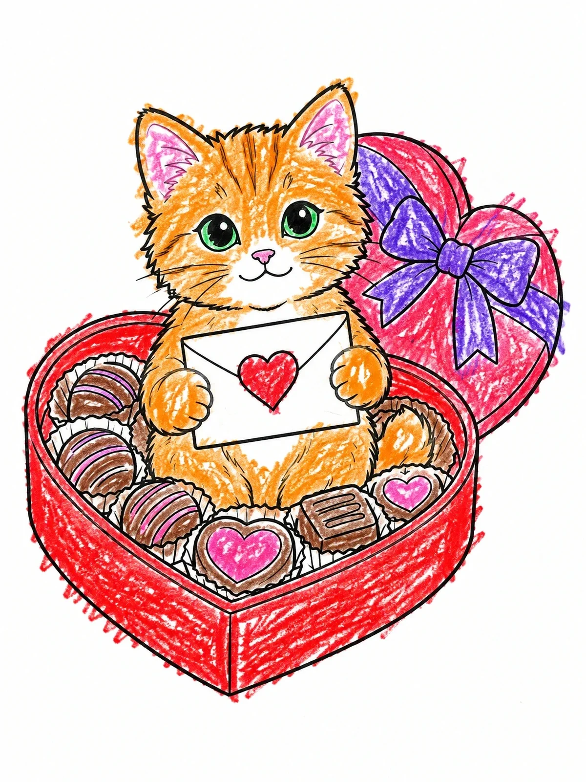 Colored example of the Kitten In Valentine Chocolate Box coloring page