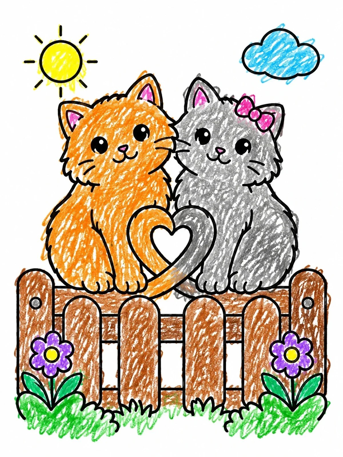 Colored example of the Kittens On A Fence With Heart Tails coloring page