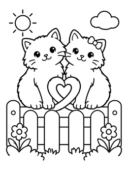 Free printable Kittens On A Fence With Heart Tails coloring page