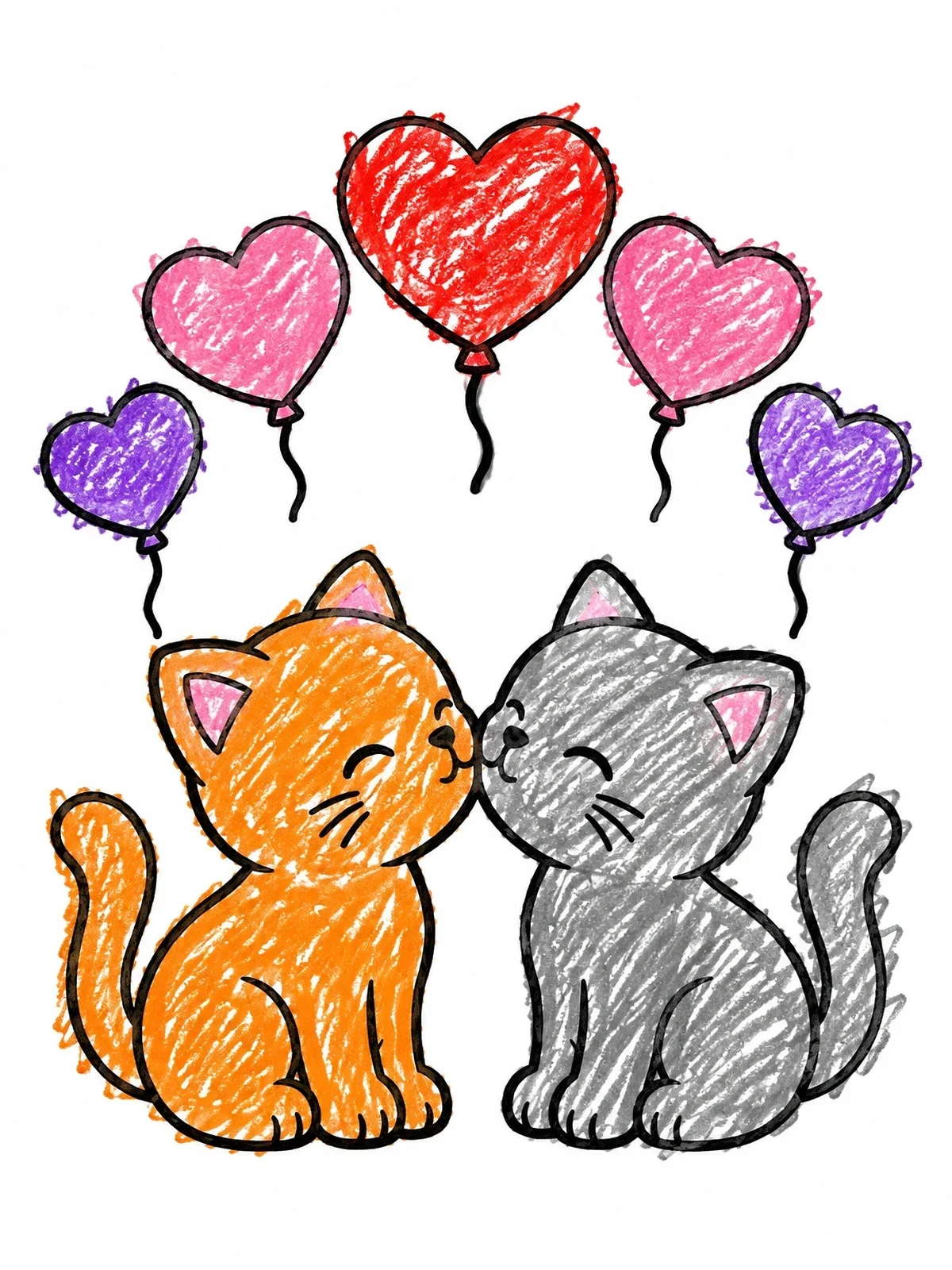 Colored example of the Kittens Kissing Under Heart Balloons coloring page