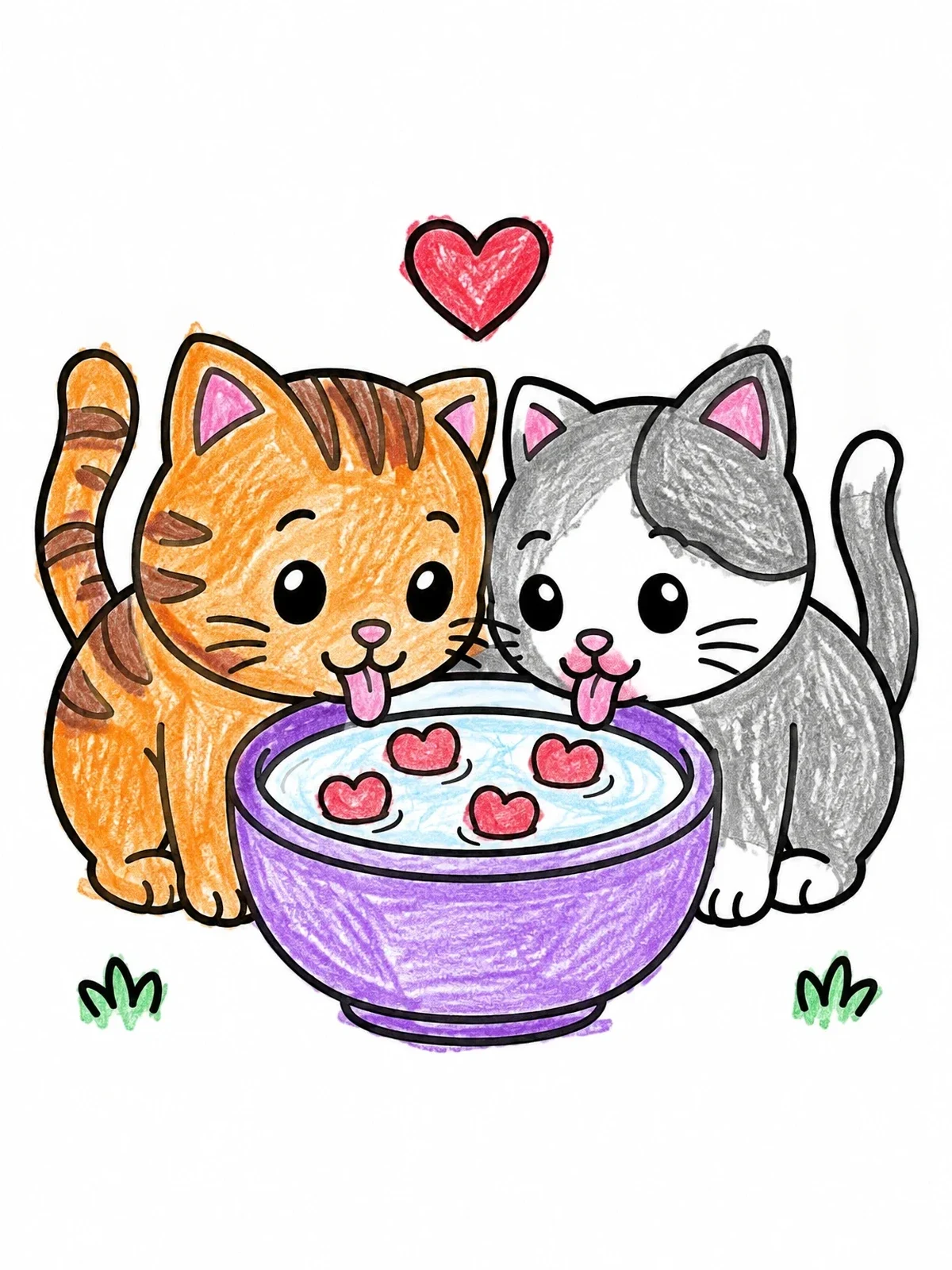 Colored example of the Kittens Sharing A Heart Milk Bowl coloring page