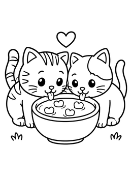 Free printable Kittens Sharing A Heart Milk Bowl coloring page