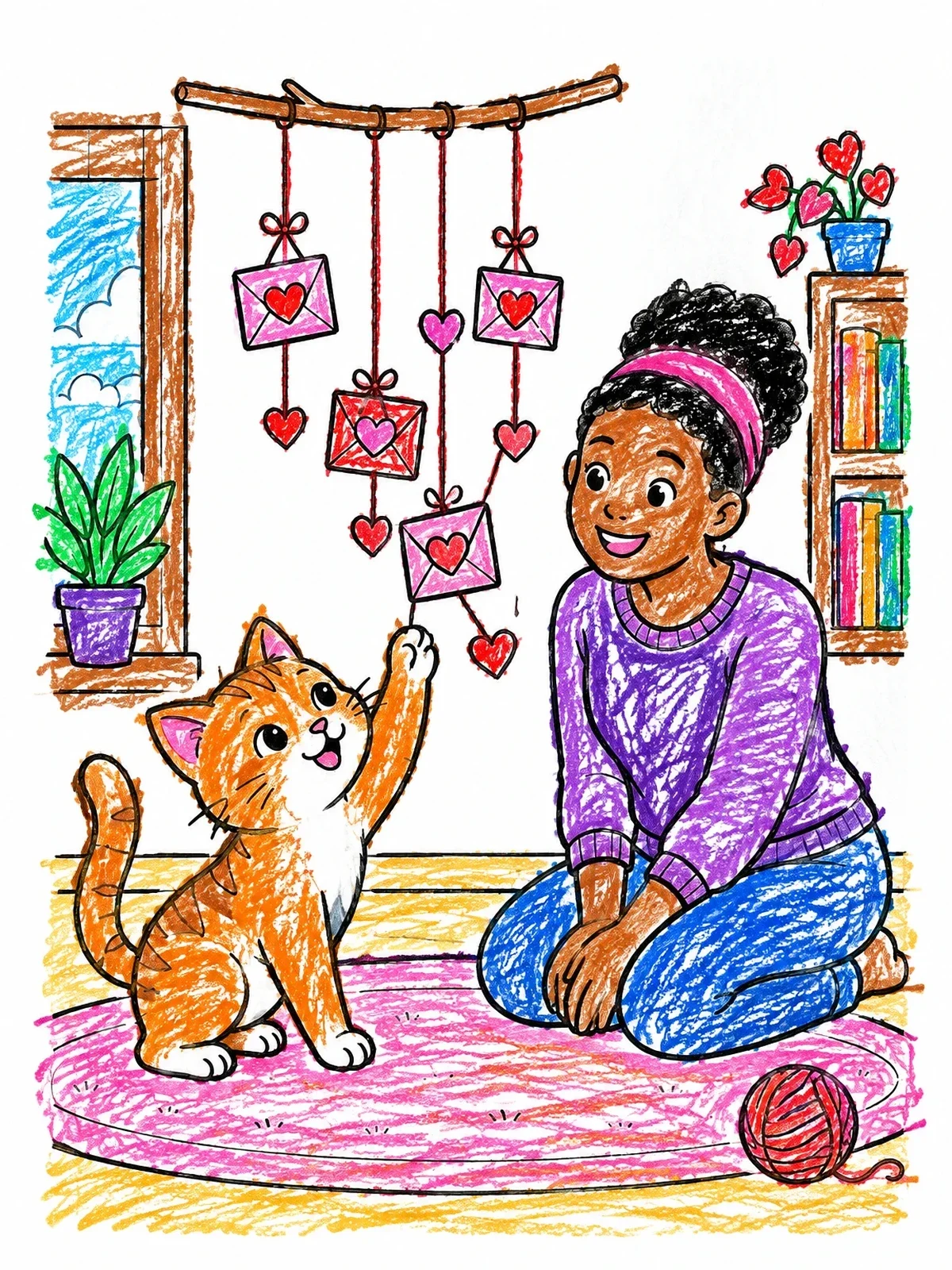 Colored example of the Playful Kitten And Hanging Love Notes coloring page