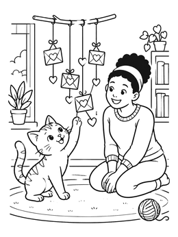 Free printable Playful Kitten And Hanging Love Notes coloring page