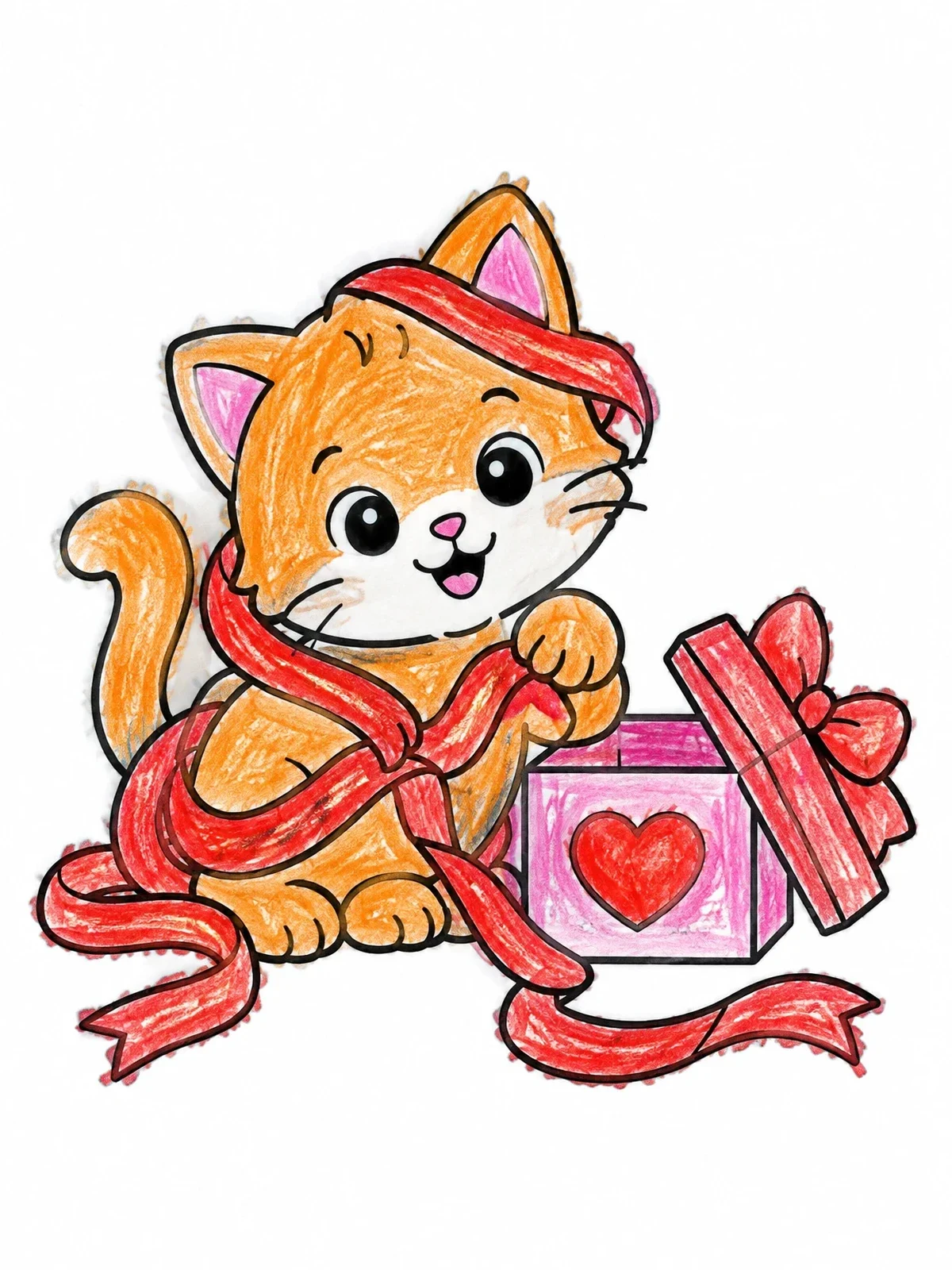 Colored example of the Playful Kitten With Valentine Gift Box coloring page