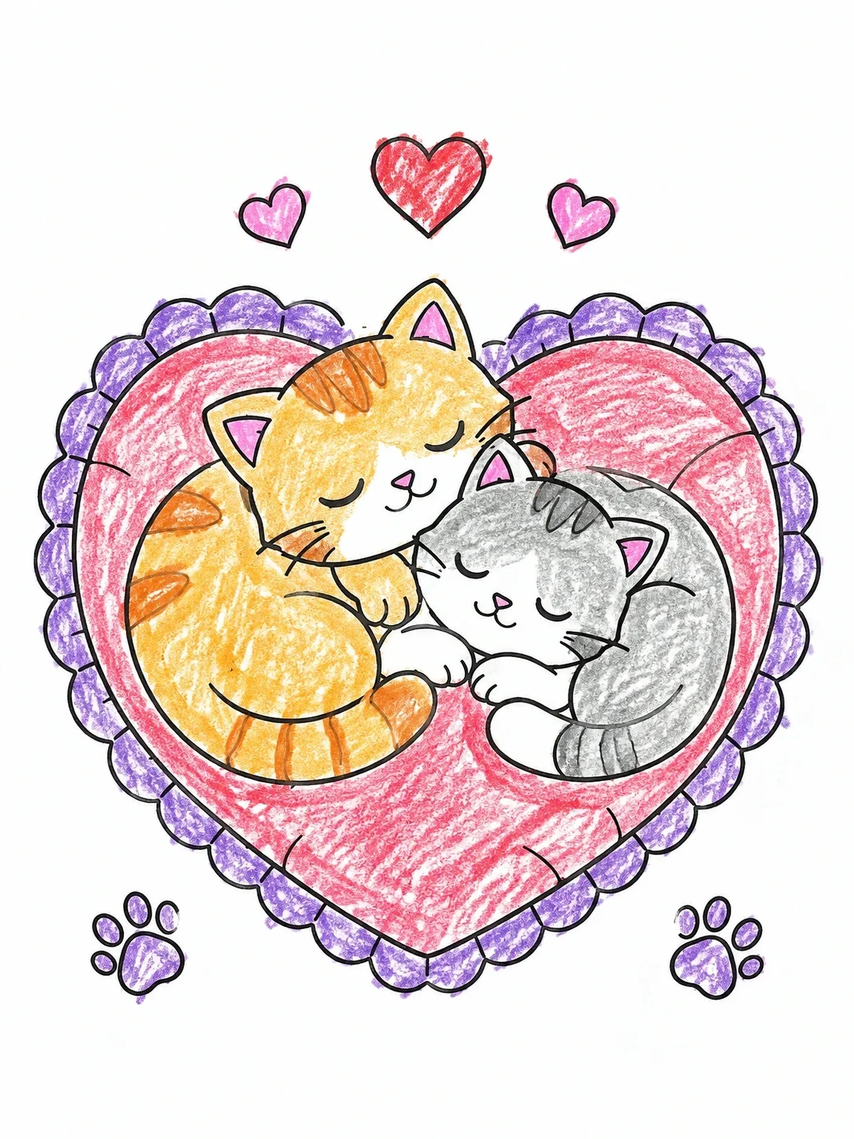Colored example of the Sleeping Cats On Heart Cushion coloring page