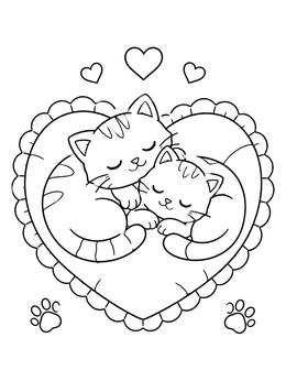 Free printable Sleeping Cats On Heart Cushion coloring page