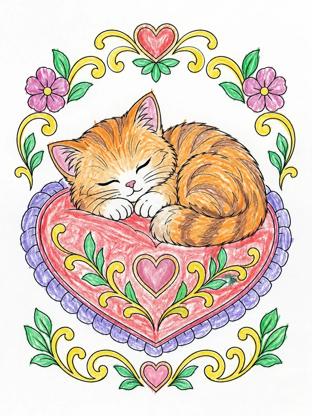 Colored example of the Sleeping Kitten On Heart Cushion coloring page