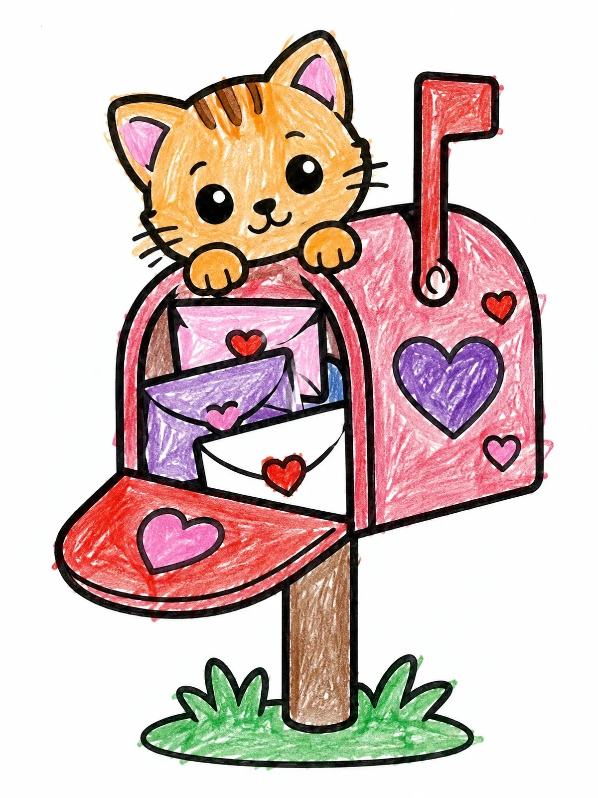 Colored example of the Kitten In A Valentine Mailbox coloring page