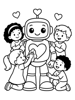 Free printable Children Caring For Heart Robot coloring page