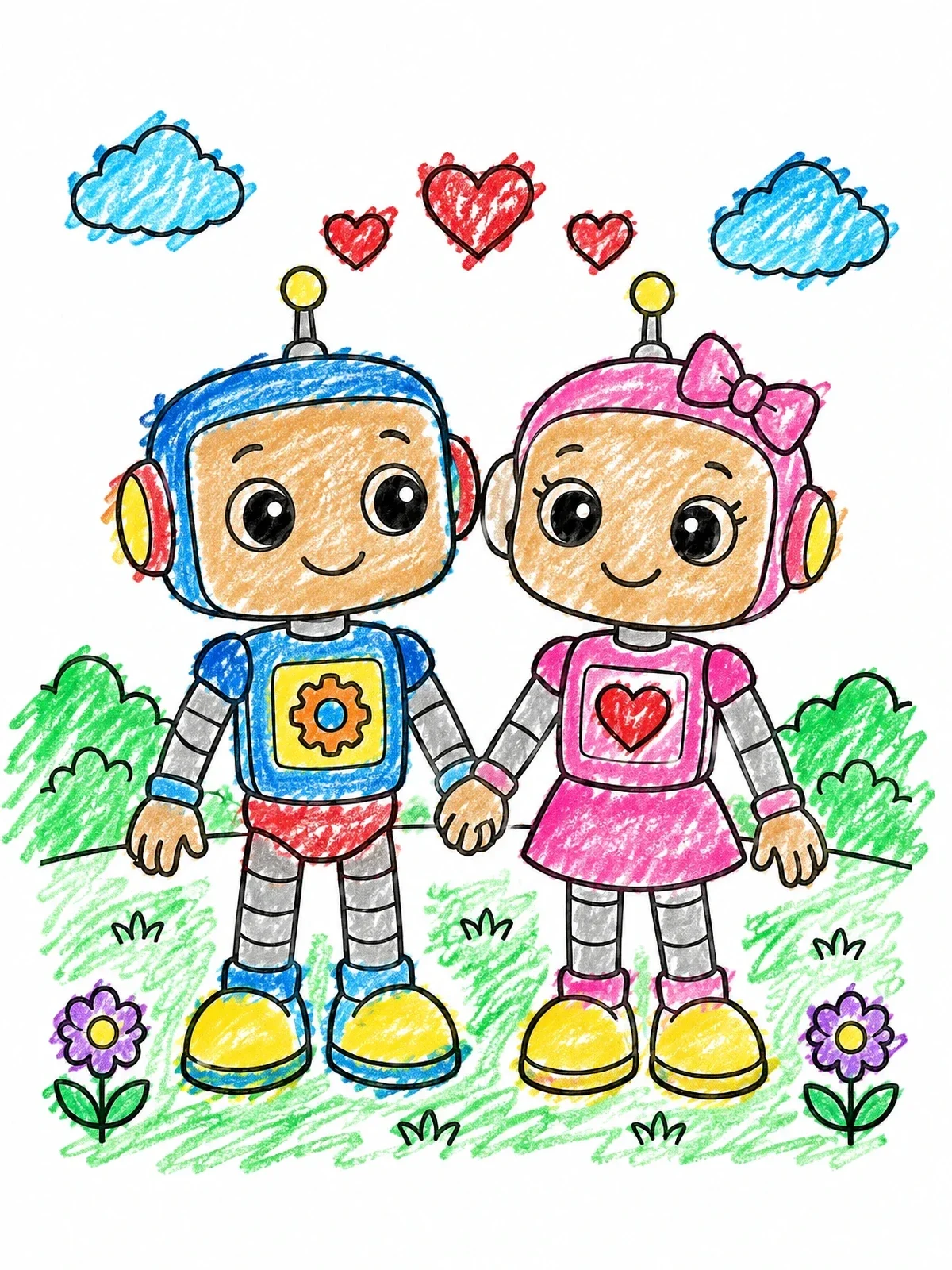 Colored example of the Cute Robot Couple In Love coloring page