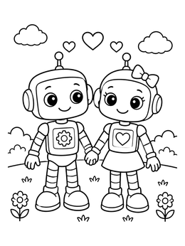 Free printable Cute Robot Couple In Love coloring page