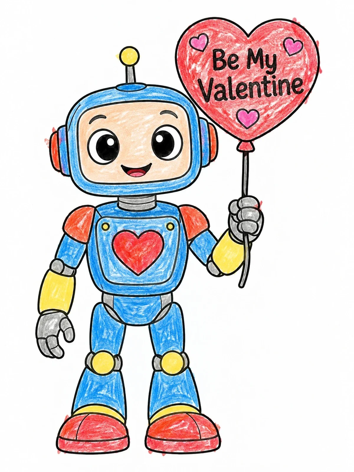 Colored example of the Cute Robot With Valentine Balloon coloring page