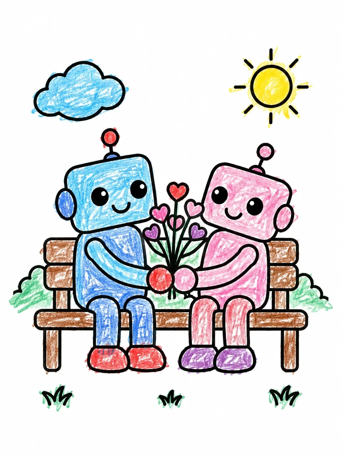 Colored example of the Cute Robots Sharing Heart Flowers coloring page