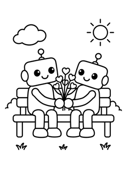 Free printable Cute Robots Sharing Heart Flowers coloring page