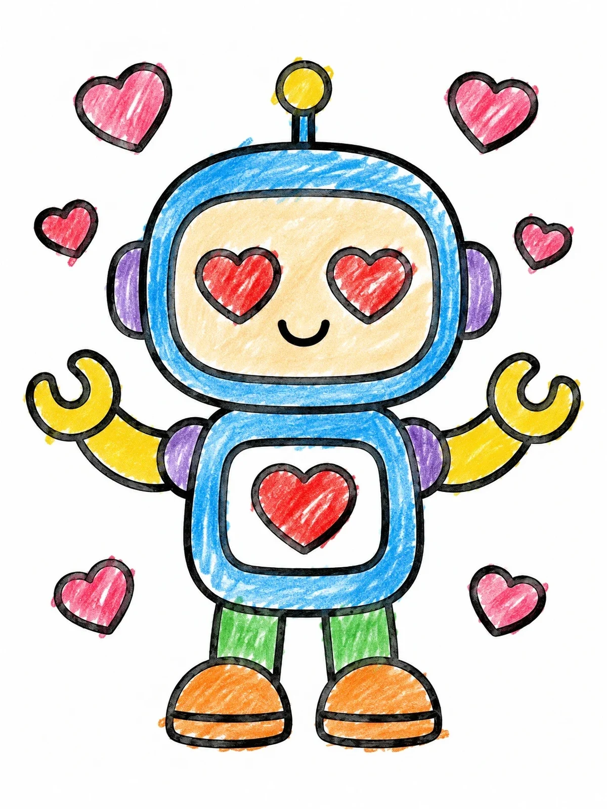 Colored example of the Cute Robot With Heart Eyes coloring page