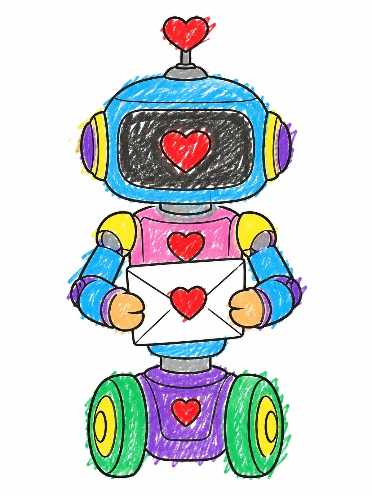 Colored example of the Cute Valentine Robot On Wheels coloring page