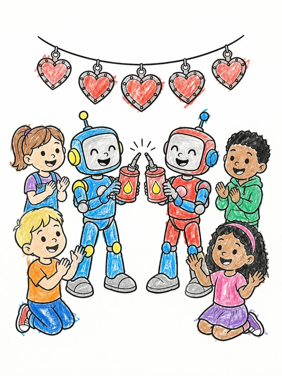 Colored example of the Friendly Robots Toasting With Oil Cans coloring page