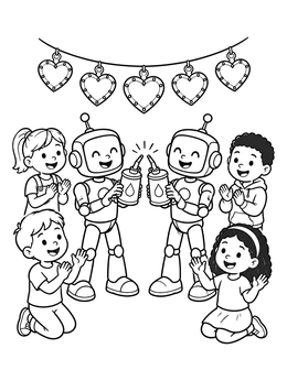 Free printable Friendly Robots Toasting With Oil Cans coloring page